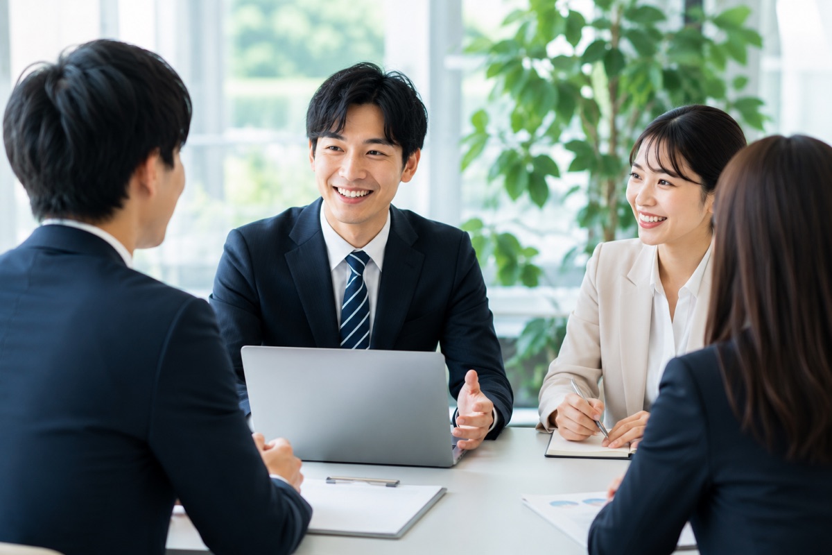 チームで笑顔で対話するビジネスシーン