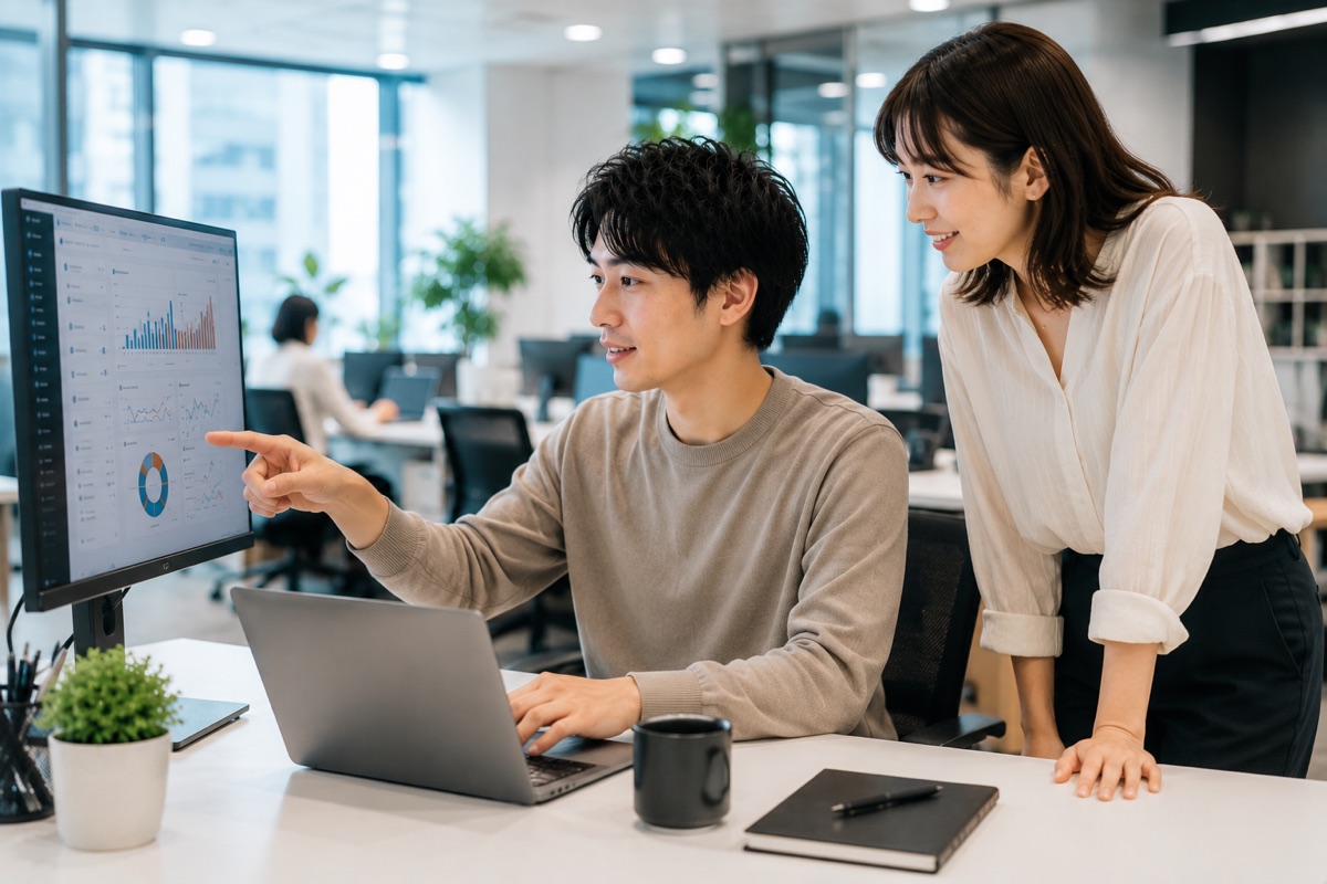 AIダッシュボードを見ながら採用データを分析するシーン